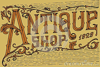 Antique frame label. Vintage golden card. Shop badge. Victorian ancient western logo for t-shirt and typography. Hand Vector Illustration