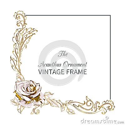 Antique frame in style baroque of acanthus leaves and gorgeous rose. Monogram floral ornament Vector Illustration