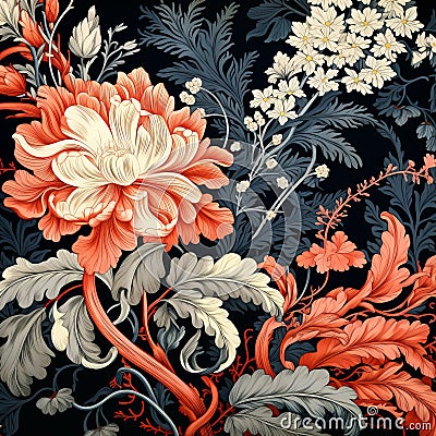 Antique French Floral Pattern On Black Background - Vibrant And Meticulously Detailed Stock Photo