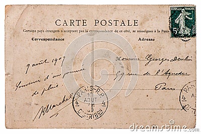 Antique french postcard with stamp from paris Editorial Stock Photo