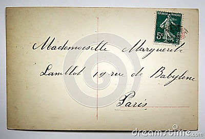 Antique french postcard with stamp from paris. Editorial Stock Photo