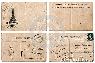Antique french postcard with stamp from Paris. Scrapbook elemen Editorial Stock Photo