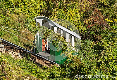 Antique funicular railway car on Fourth Street Dubuque Iowa Editorial Stock Photo