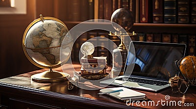 An antique globe positioned next to contemporary business tech gadgets on a mahogany desk Stock Photo
