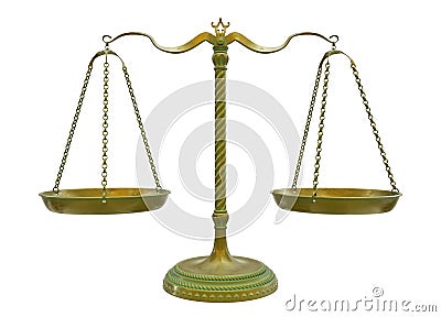 Antique gold brass balance scales isolated on white background. 3D Illustration Stock Photo