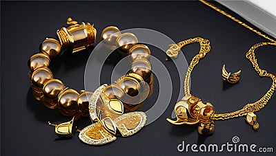 Antique gold necklace on black background. Vintage beautiful jewelry on a dark background. Stock Photo