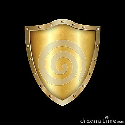 Golden riveted shield. Isolated on black background. Stock Photo