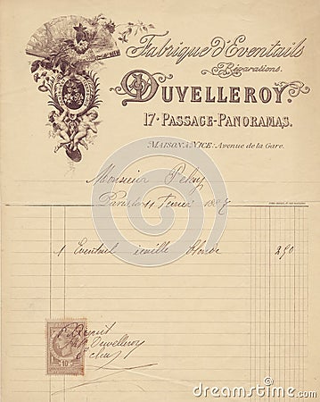 Antique grungy french invoice receipt with cherub graphic Editorial Stock Photo