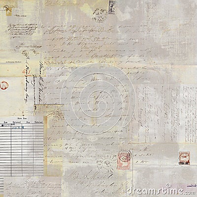 Antique grungy postage collage and script text background Stock Photo