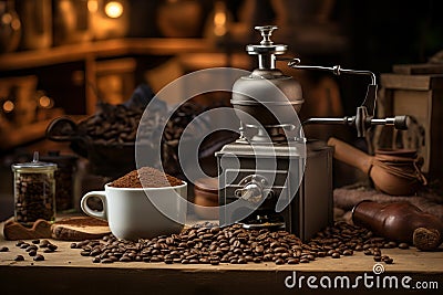 Antique hand coffee grinder with ground coffee beans and a filled powder bowl in a rustic charm indoor residence. AI generated. Stock Photo