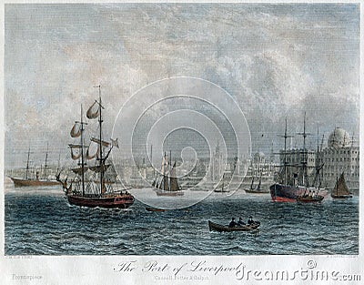 Antique Hand Colored Liverpool Port and Ships UK 1840 Editorial Stock Photo