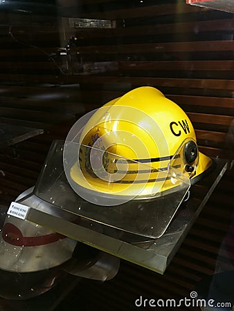 Antique Hong Kong Fireman Hat Firefighting Helmet Macau Fire Services Museum Museu dos Bombeiros Health Safety PPE Equipment Editorial Stock Photo