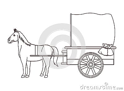 Antique horse carriage animal tractor in black and white Vector Illustration