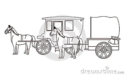 Antique horse carriages animal tractor in black and white Vector Illustration