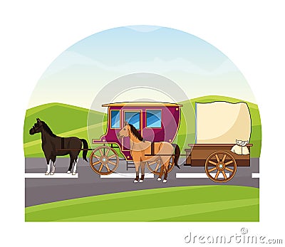 Antique horse carriages animal tractor Vector Illustration