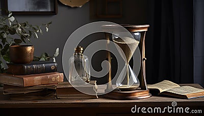 Antique hourglass on wooden table marks time generated by AI Stock Photo