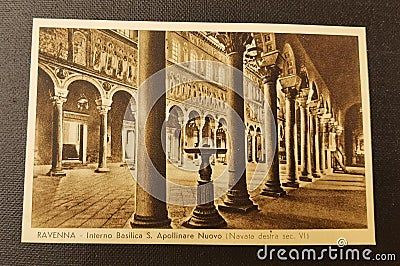 Antique Italy Ravenna Postcard Ancient Photo Basilica di Sant Apollinare Nuovo Interior Italian Religious Architecture Byzantine Editorial Stock Photo