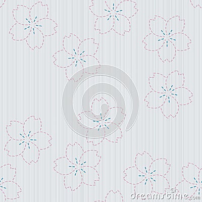 Antique japanese fancywork. Sashiko with sakura flowers. Seamless pattern. Vector Illustration