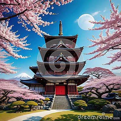 Antique Japanese temple with cherry created a digital art illustration Cartoon Illustration