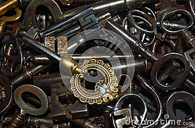 Antique Keys in a pile steel and brass Stock Photo