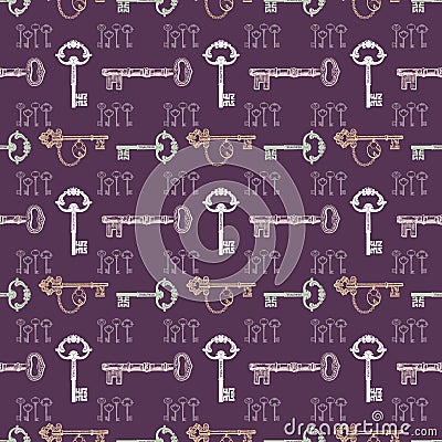 Antique keys repeat seamless pattern with purple background Stock Photo