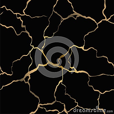 Gold crack on black background. Vector seamless pattern. Antique Kintsugi restoration technique. Broken marble luxury Vector Illustration