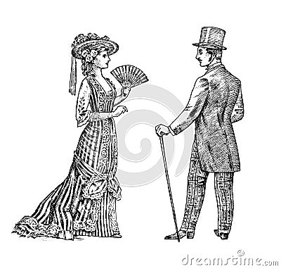 Antique ladie and man. Victorian Dame and gentleman. Ancient Retro Clothing. Woman in Ball lace dress. Vintage engraving Vector Illustration