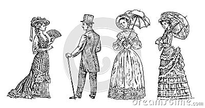 Antique ladie and man. Victorian Dame and gentleman. Ancient Retro Clothing. Woman in Ball lace dress. Vintage engraving Vector Illustration