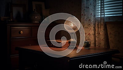 Antique lamp illuminates old fashioned book on rustic wooden shelf indoors generated by AI Stock Photo