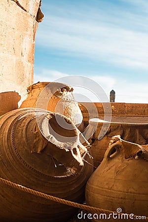Antique large crocks under the sun. Mardin Stock Photo