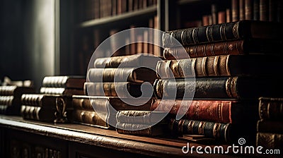 Antique Leather Books in Library: A Perfect Banner for Literature Enthusiasts. Stock Photo