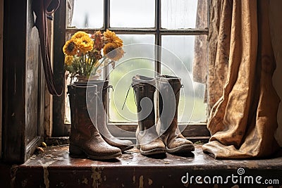 antique leather boots under raindrops on a windowsill Stock Photo