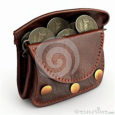 Antique leather purse full of antique coins isolated on white close-up, symbol of wealth Stock Photo