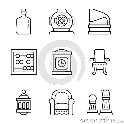 antique line icons. linear set. quality vector line set such as chesspieces, vintage style, light, old fashioned, clock, abacus, Vector Illustration