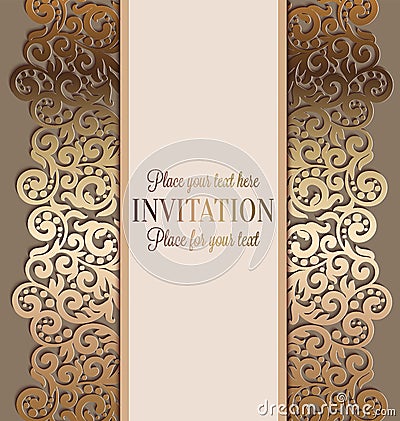 Antique luxury wedding invitation, gold on beige Vector Illustration