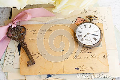 Antique mail and clock Stock Photo