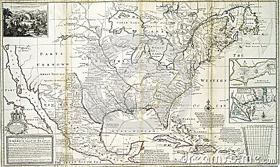 Antique map of French claims in North America Editorial Stock Photo
