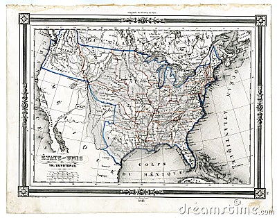 Antique Map of United States in 1846 Stock Photo