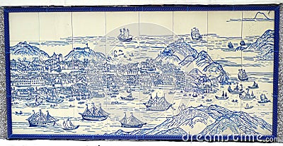 Retro Antique Maps Macau Azulejo Azulejos Ancient Vintage Macao Map Portuguese Colony Blue Delft China Ceramic Tile Editorial Stock Photo