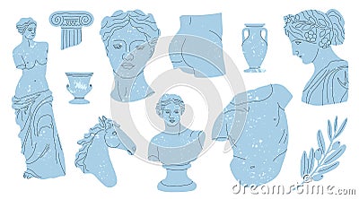 Antique marble statue. Greek or roman sculptures, gods and goddesses. Hand drawn blue body parts and faces with texture, Classic Vector Illustration