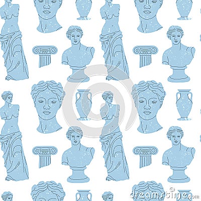 Antique marble statue seamless pattern. Greek or roman sculptures, gods and goddesses. Body parts, faces with texture. Man woman Vector Illustration