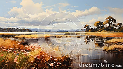 Antique Marshland Painting With Striking Brush Strokes Stock Photo