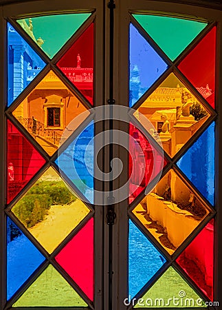 Antique multi-colored stained glass windows Stock Photo