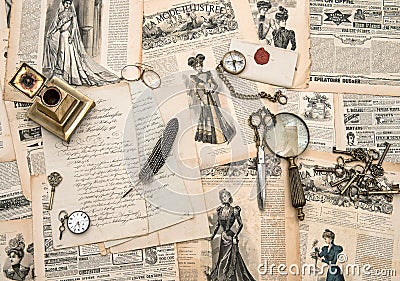 antique office accessories, writing tools, vintage fashion magazine Stock Photo