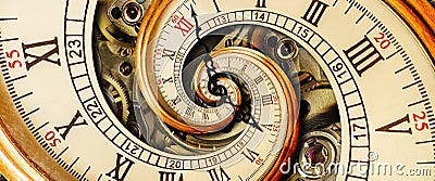 Golden yellow antique old clock spiral abstract fractal. Retro clock with mechanism in the background. Time spiral concept image Stock Photo