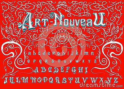 Antique old Font for Whiskey label. Victorian alphabet in ancient style. Vintage typeface in white red colors, editable Vector Illustration