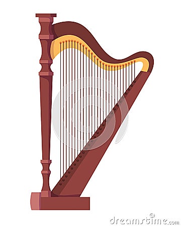 Antique, old stringed musical instrument is classical wooden harp. Vector Illustration