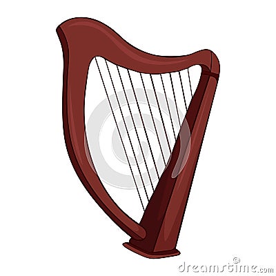 Antique, old stringed musical instrument is a classical wooden harp. Historical musical instrument harp. isolated Vector Illustration