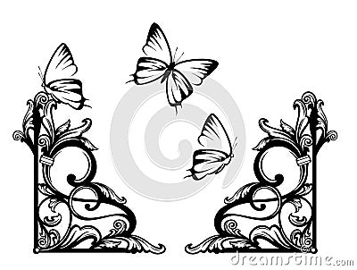 antique page decor black and white vector design set with butterflies and plants Vector Illustration