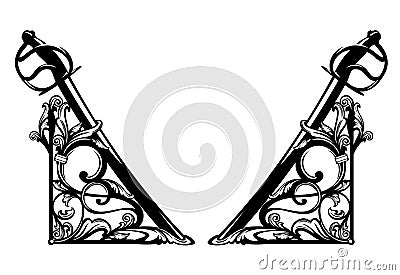 Antique page decor black and white vector design set with sabre sword hilts and plants Vector Illustration